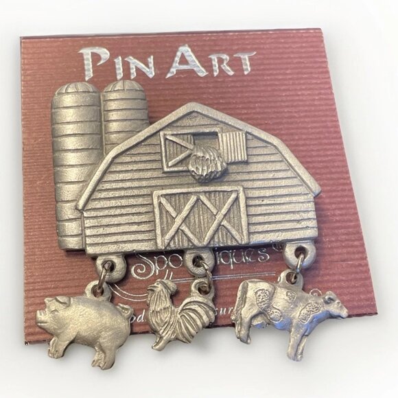 Spoontiques Jewelry - Pewter Farmhouse Pig Chicken Cow Spoontiques Pin Art Brooch 3923 Vintage